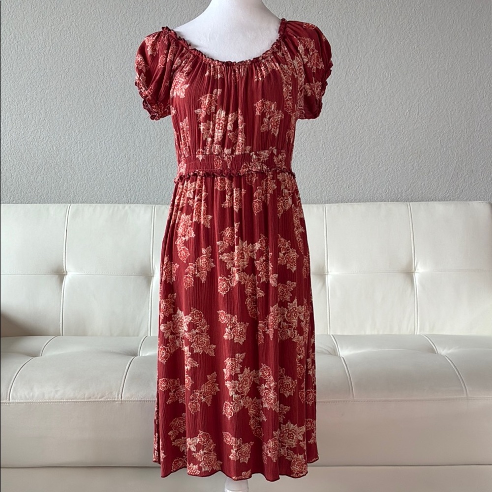 Liberty Love Maternity Rust Red Floral Midi Dress